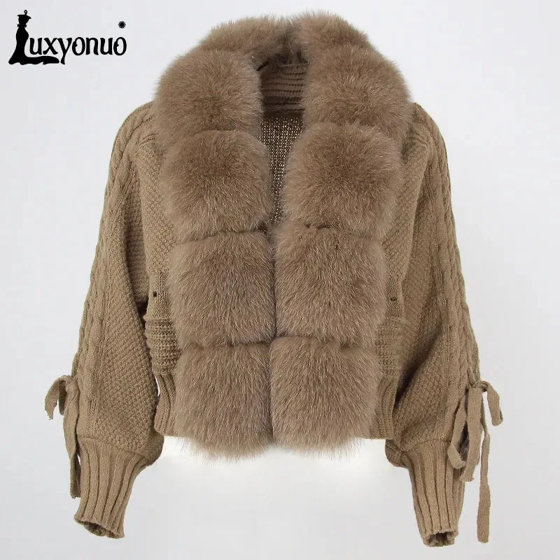 Luxyonuo Women's Sweater with Real Fox Fur Trim 2023 Autumn Casual Short Jacket Ladies Fashion Knit Cardigan Zipper Coat Female