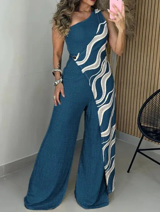 بذلة نسائية صيفية عصرية مع طباعة مموجة وياقة مائلة بلون سادة وخصر عالي وواسعة الساق