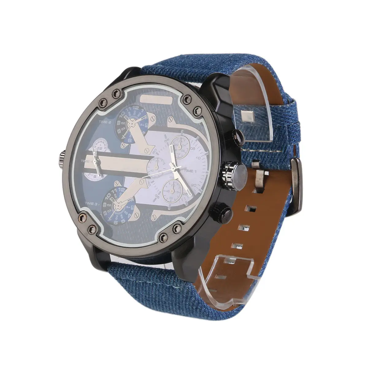 

3548 Men's Big Dial Quartz Watch Blue Round Dual Time Display Waterproof Adjustable Cloth Band for Men Boys Travel