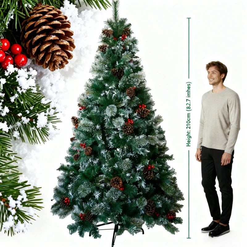 Pre-Lit Artificial Spruce Christmas Tree 180cm 6FT with Large Pinecones & Red Berries, LED Xmas Tree for Home Holiday Decor