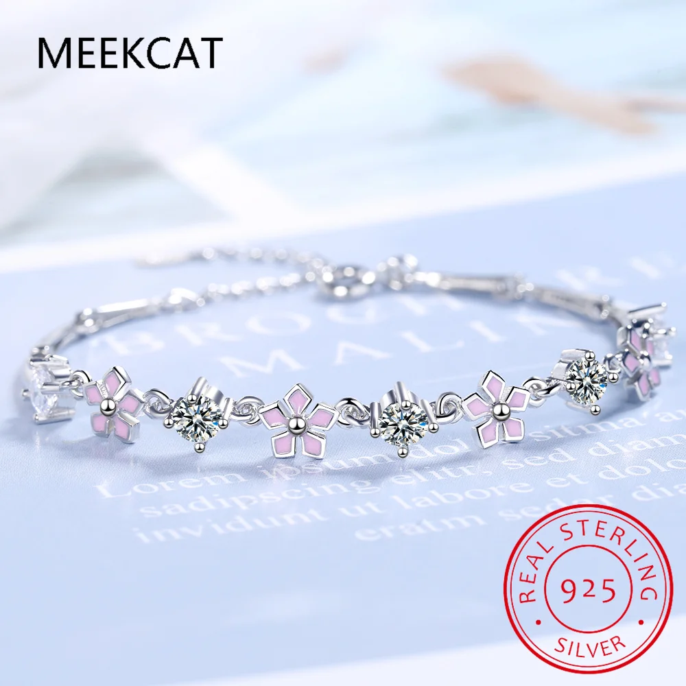 925 Sterling Silver Exquisite Zircon Flower Bracelet Pink Element Cherry Blossom Bracelets Adjustable Chain Fine Jewelry Women