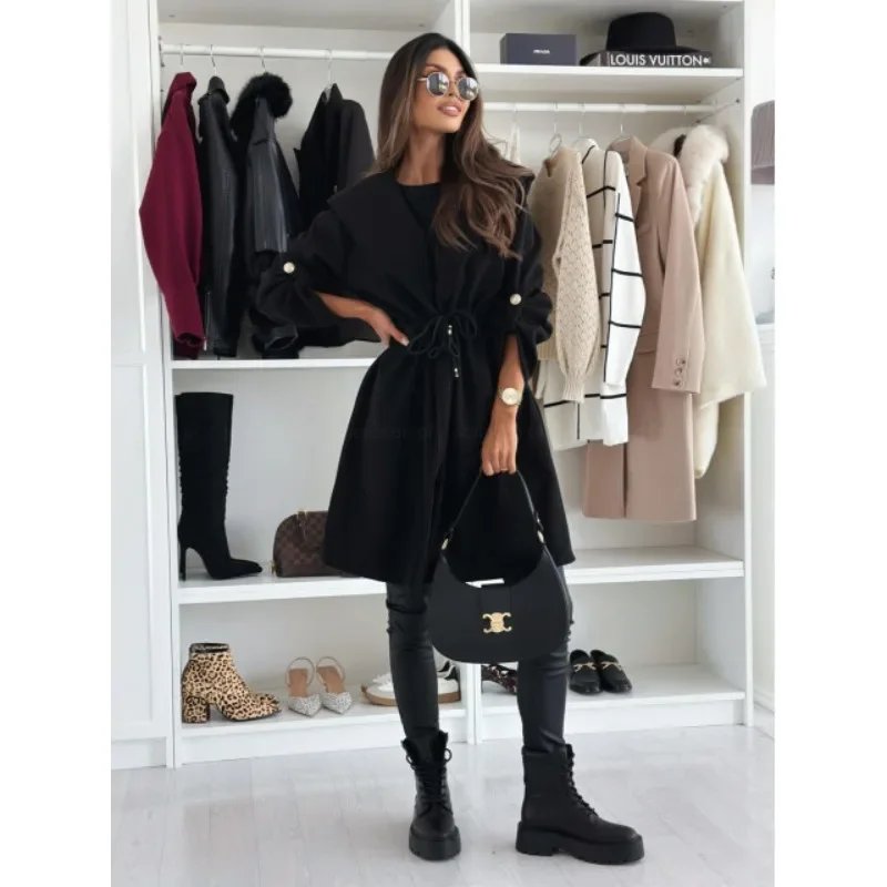 

Women's Fashion Long Sleeve Solid Color Hooded Woolen Coats Ladies Casual Drawstring Waist Long Loose Trench Coat