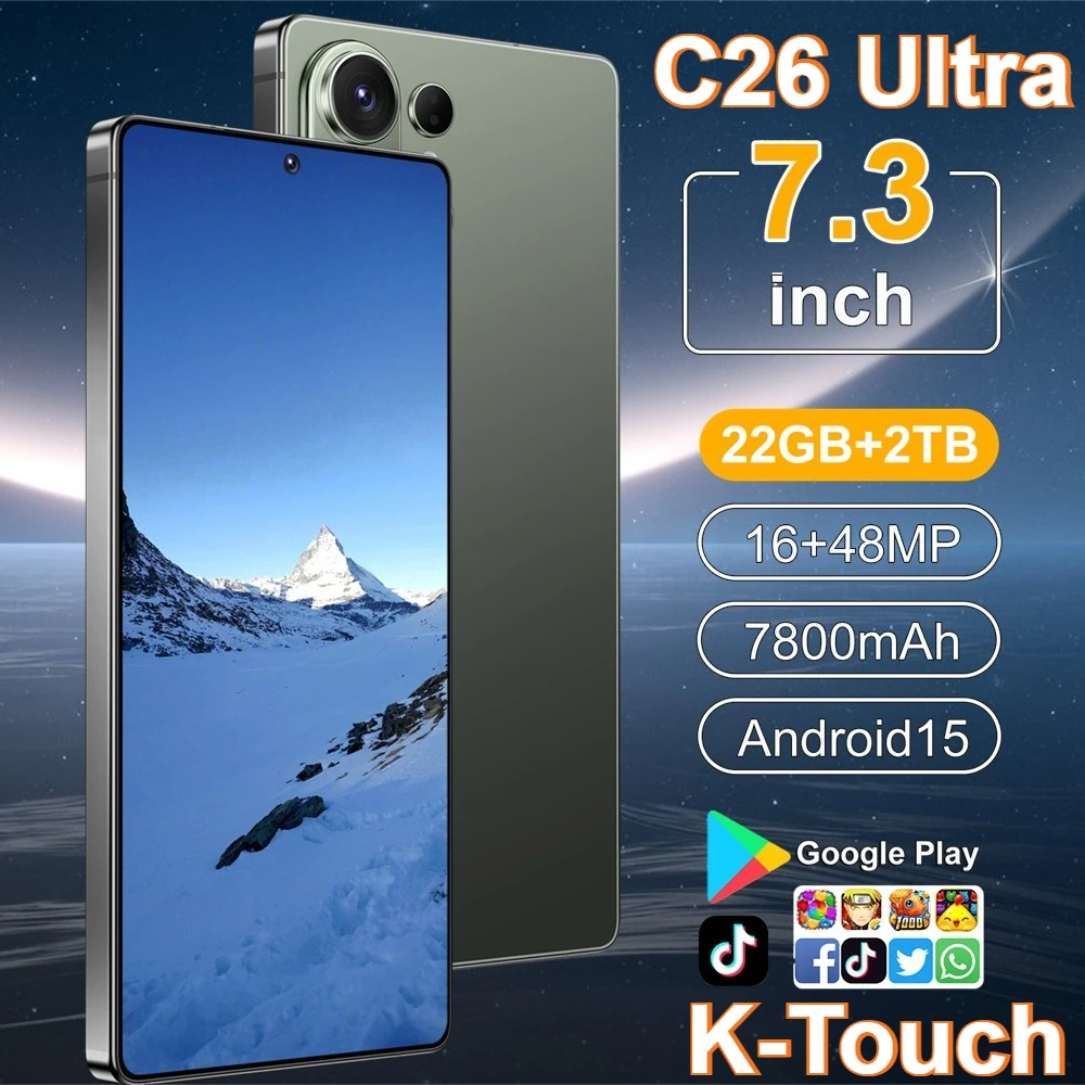 Téléphones mobiles K-Touch pour smartphone C26 Ultra, téléphone portable Android 5G, écran HD Full de 7,3 pouces, 22 Go de RAM, 2 To de ROM, batterie de 7800 mAh, appareil photo 48 MP, reconnaissance faciale, double SIM, débloqué, Android 15, téléphone portable 5G