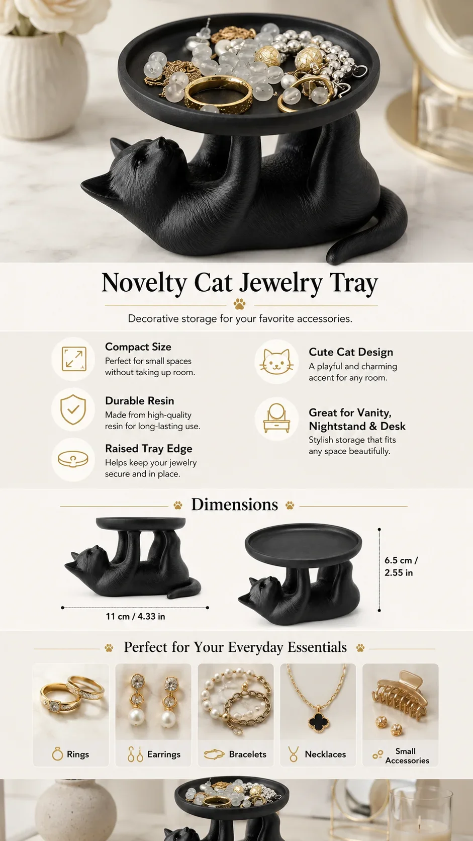 Cat Jewelry Tray, Creative Animal Trinket Dish for Rings Keys Coins, Bedside Table Decor view 5