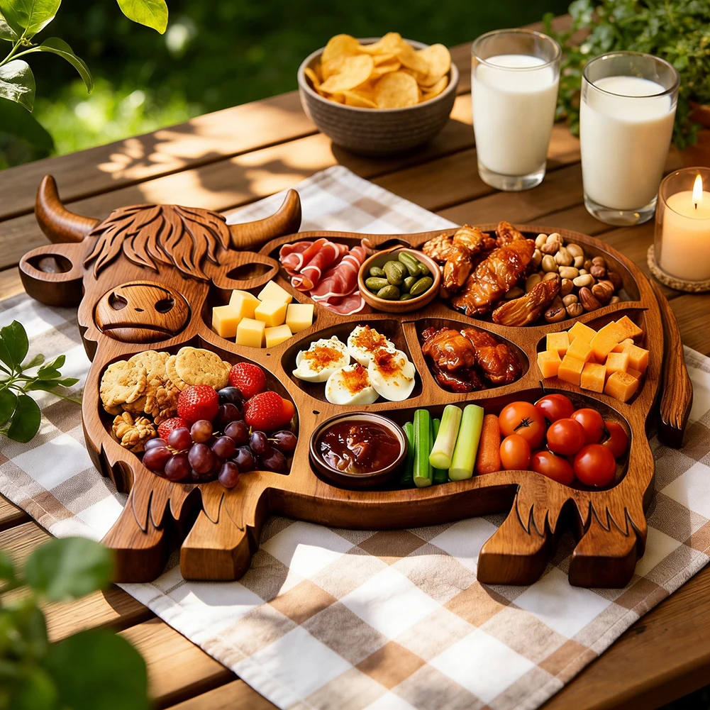 Highland-Cow Wooden Charcuterie Board Rustic Farmhouse Cheese Board With Handle Outdoor Picnic Readys Festive Holiday Gatherings