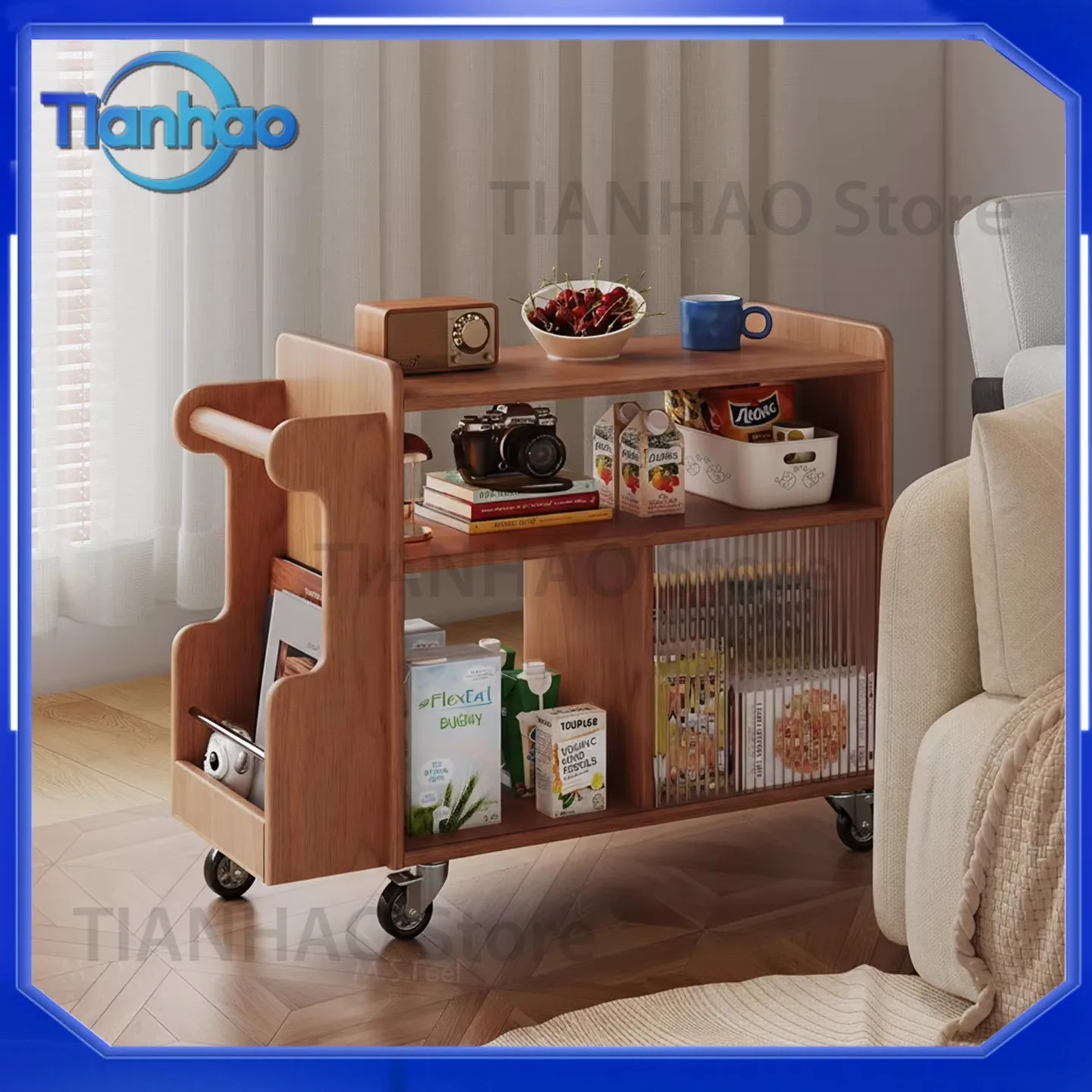 Wooden Side Table for Sofa Movable Living Room Small Coffee Table Side Cabinet Compact Home Storage Cart Shelf