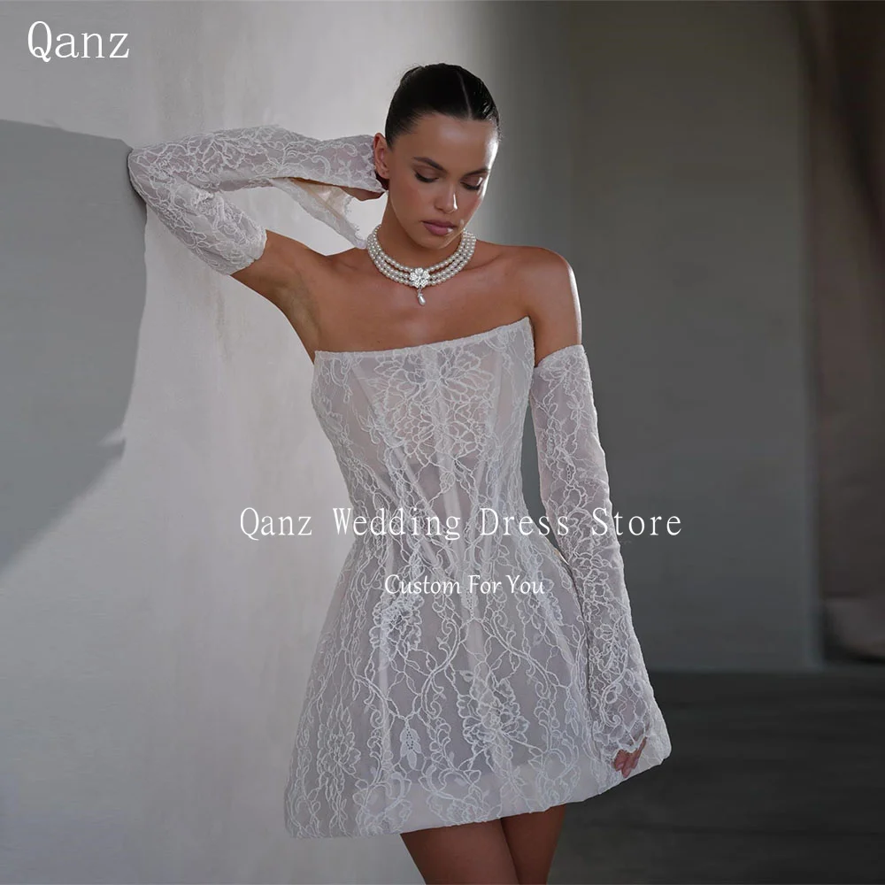 Qanz Transparent Mini Vestidos De Novia Strapless Detachable Sleeves Wedding Dress Full Lace Sexy Robe De Mariée Customized