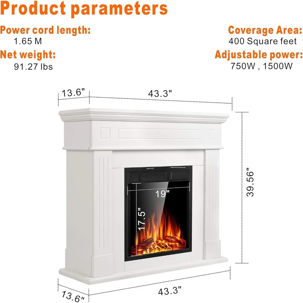 TV Stand with Log & Adjustable LedFlame Freestanding Electric Fireplace Heater with Remote Control 750W-1500W Electric Fireplace