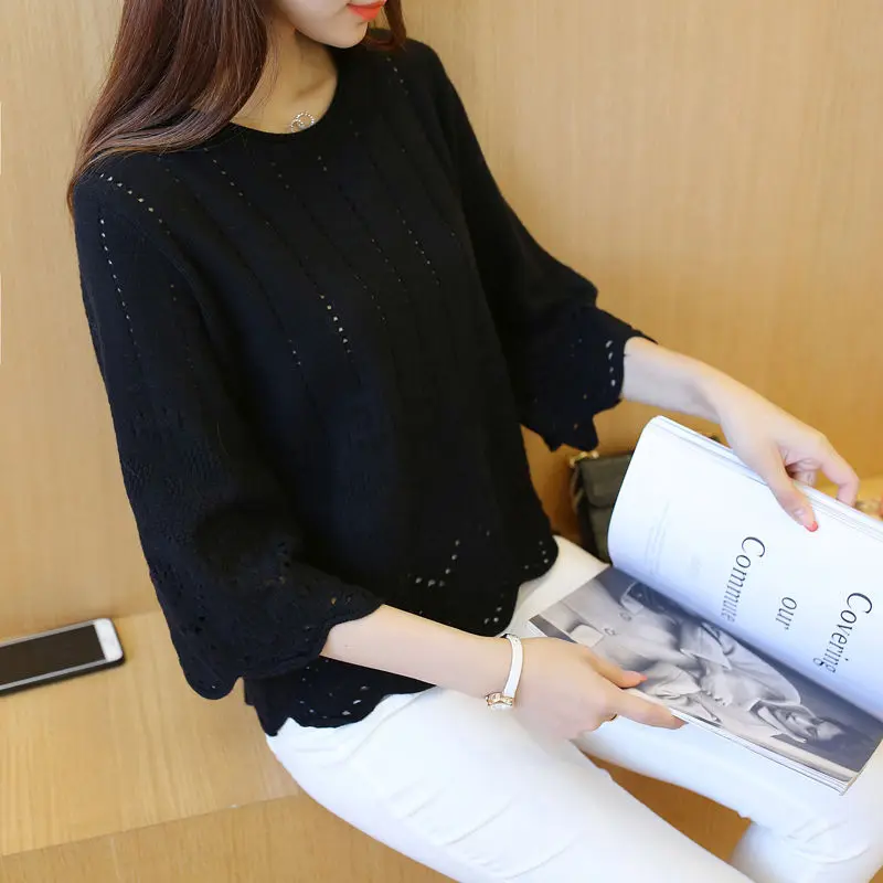 Autumn Fashion Korean Hollow Out Pullover Knitting Shirt Women New High-quality Ruffle Sleeve O-collar Loose All-match Sweaters