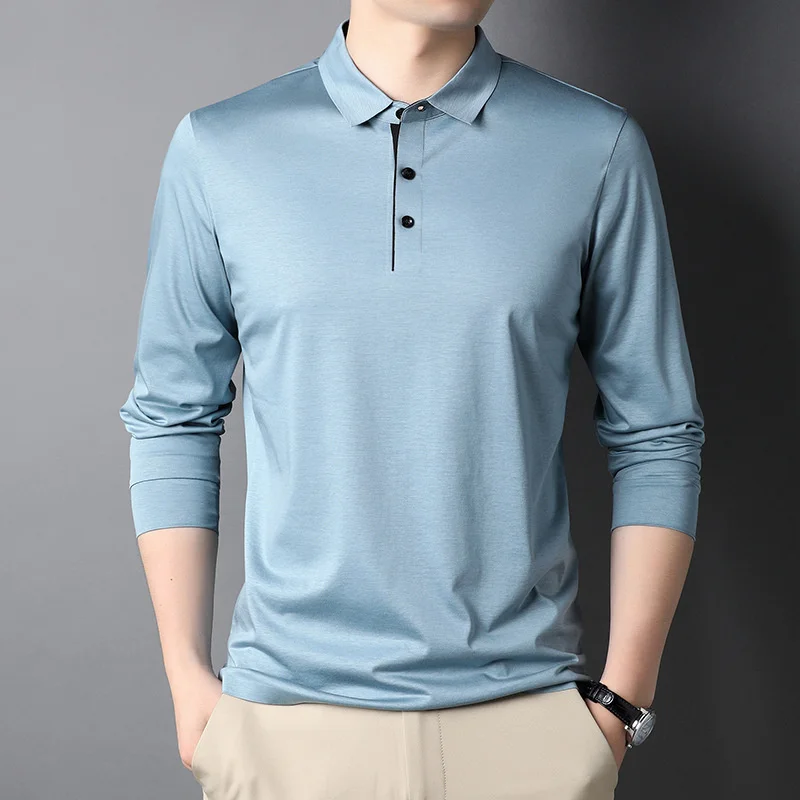 

Fashion Seamless Loose Fit Polo Shirt Men Long Sleeve XXXXL Plus Size Collar T-shirt Autumn Business Solid Color Golf Polos Blue