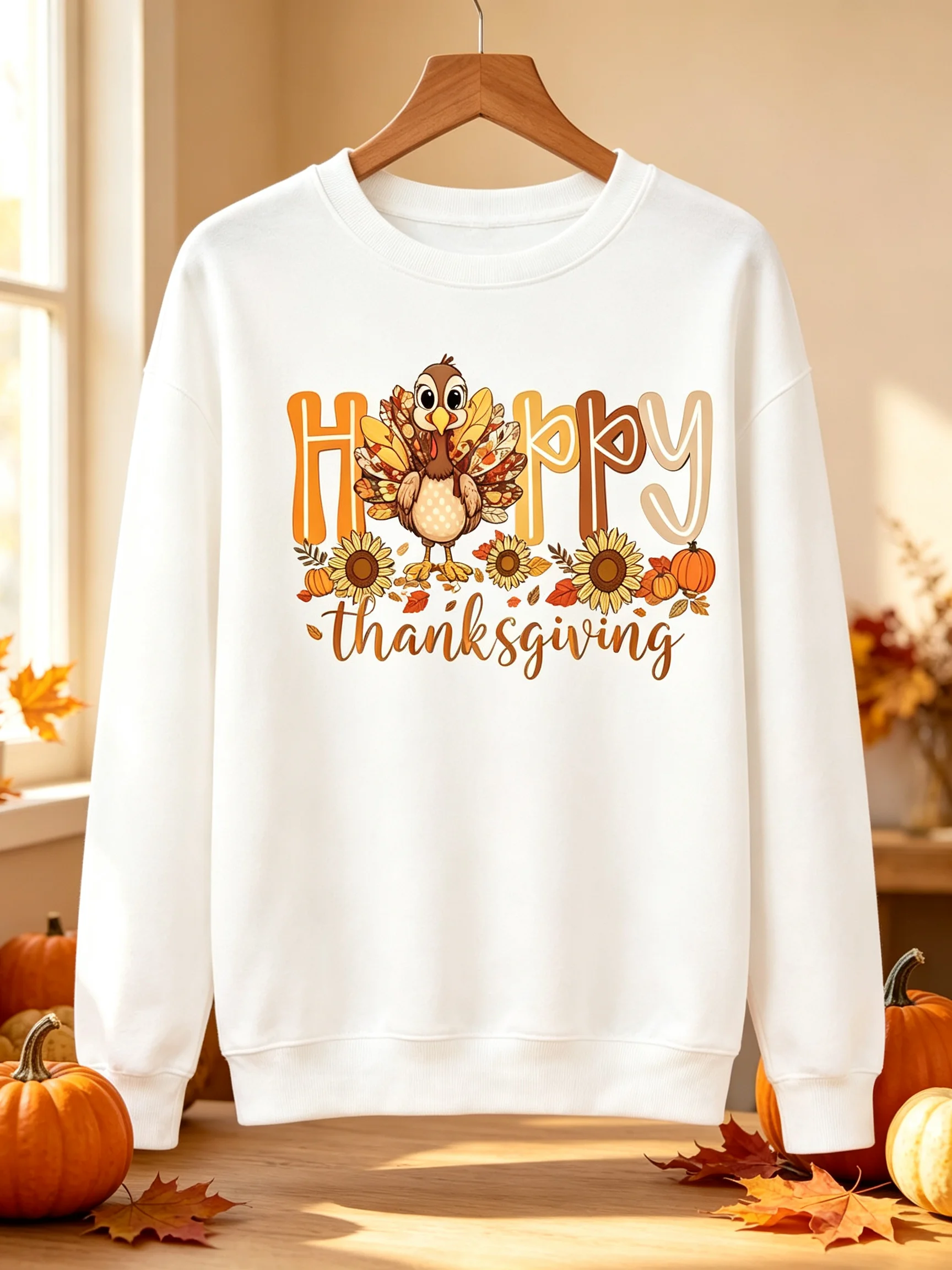 Thanksgiving Women Sweatshirt Cute Turkey Sunflower Pumpkin Graphic Happy Thanksgiving Letter Casual Long Sleeve Pullover Tops