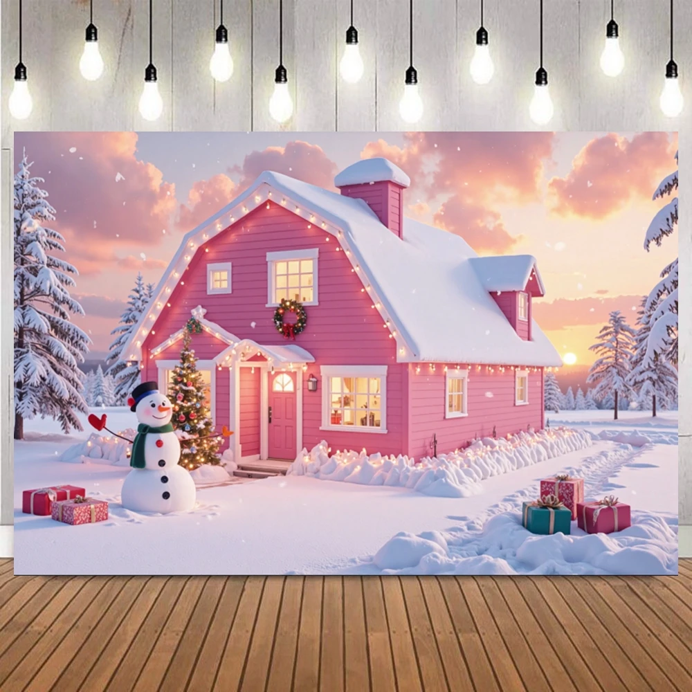 Winter Christmas Pink Style Theme Photography Background Candy Town Snow Scene Xmas Tree Gifts Party Event Decor Photo Backdrop