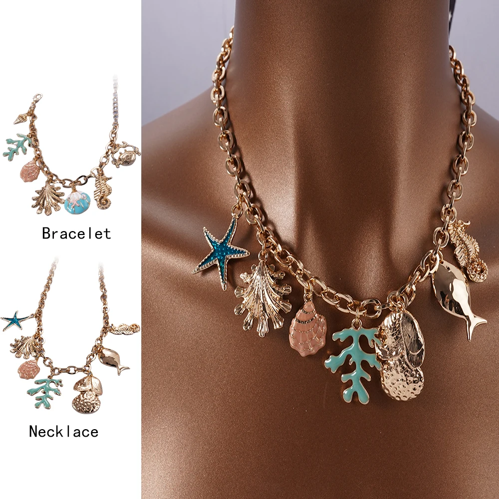 

Colorful Sea Life Jewelry Set Summer Beach Fashion Fish Star Shell Conch Pendant Necklace Bracelet Ocean Themed Accessory