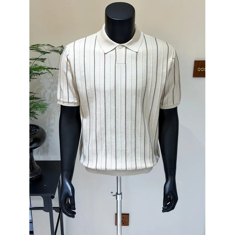 Classic British Style Men's Striped Knitted Polo Shirt Fashion Slim Fit Short Sleeve Business Casual Tshirts Men Clothing 2026