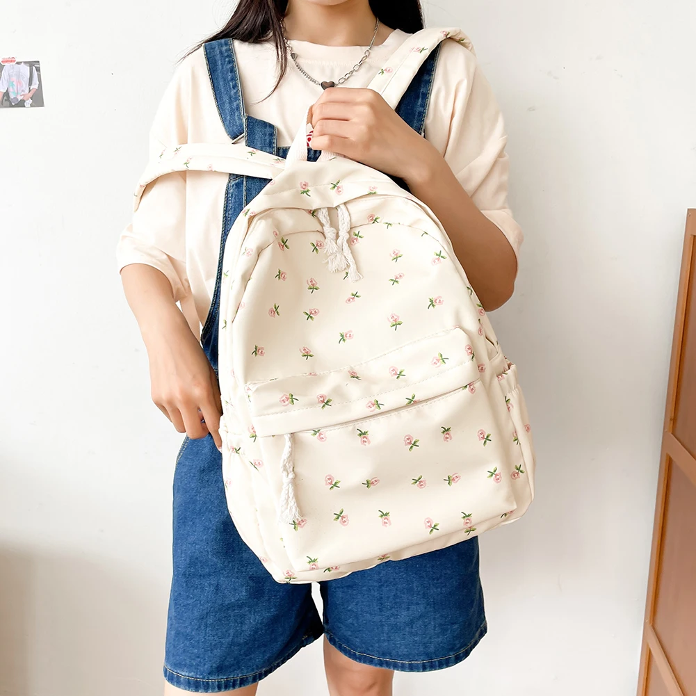 Women Simple Floral Backpack Large Capacity Travel Laptop Rucksack Adjustable Strap Flower Book Schoolbag Students Daily Bag