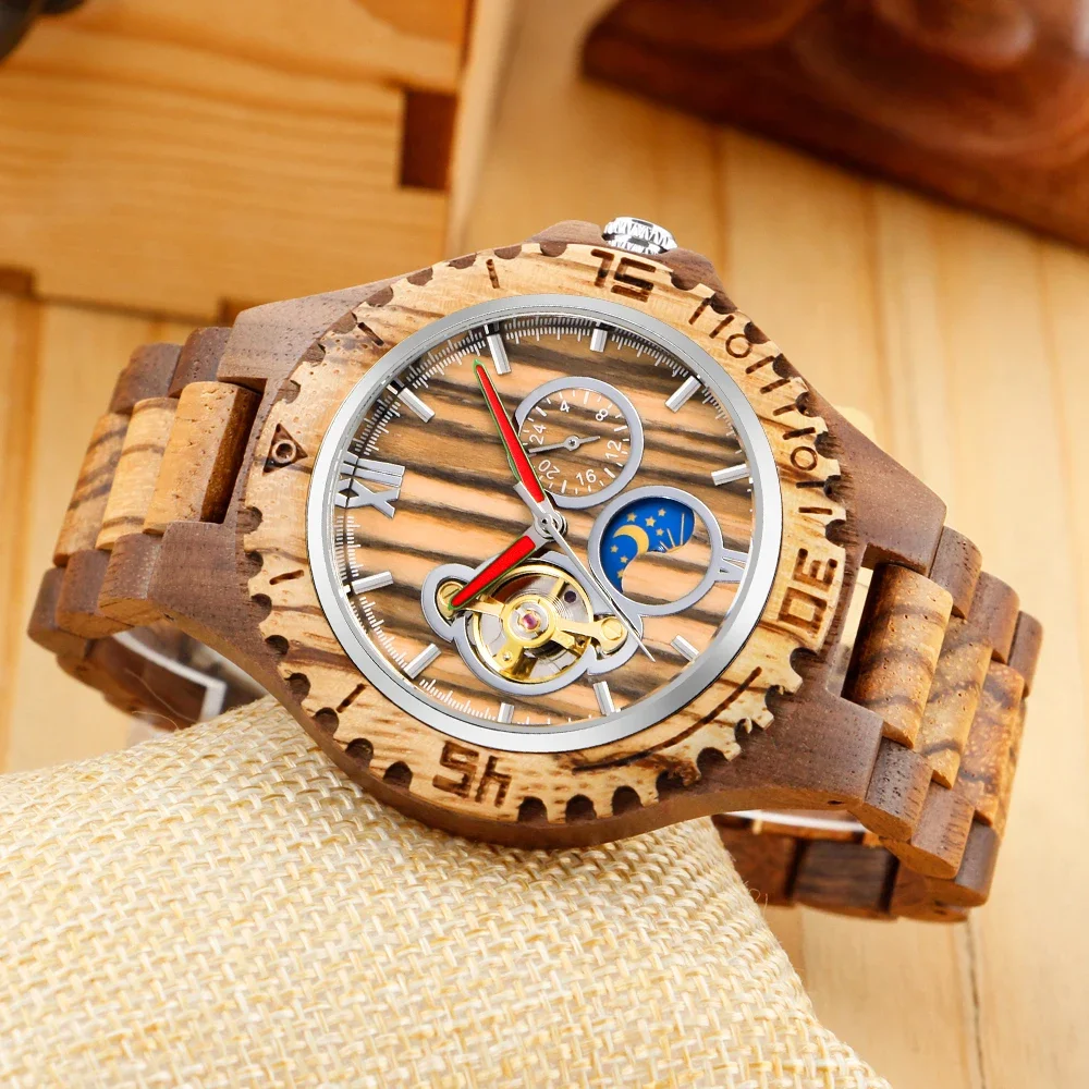 

Мужские роскошные механические часы - маленький турбийон с фазой Луны, выдолбленный деревянный модный повседневный аксессуар