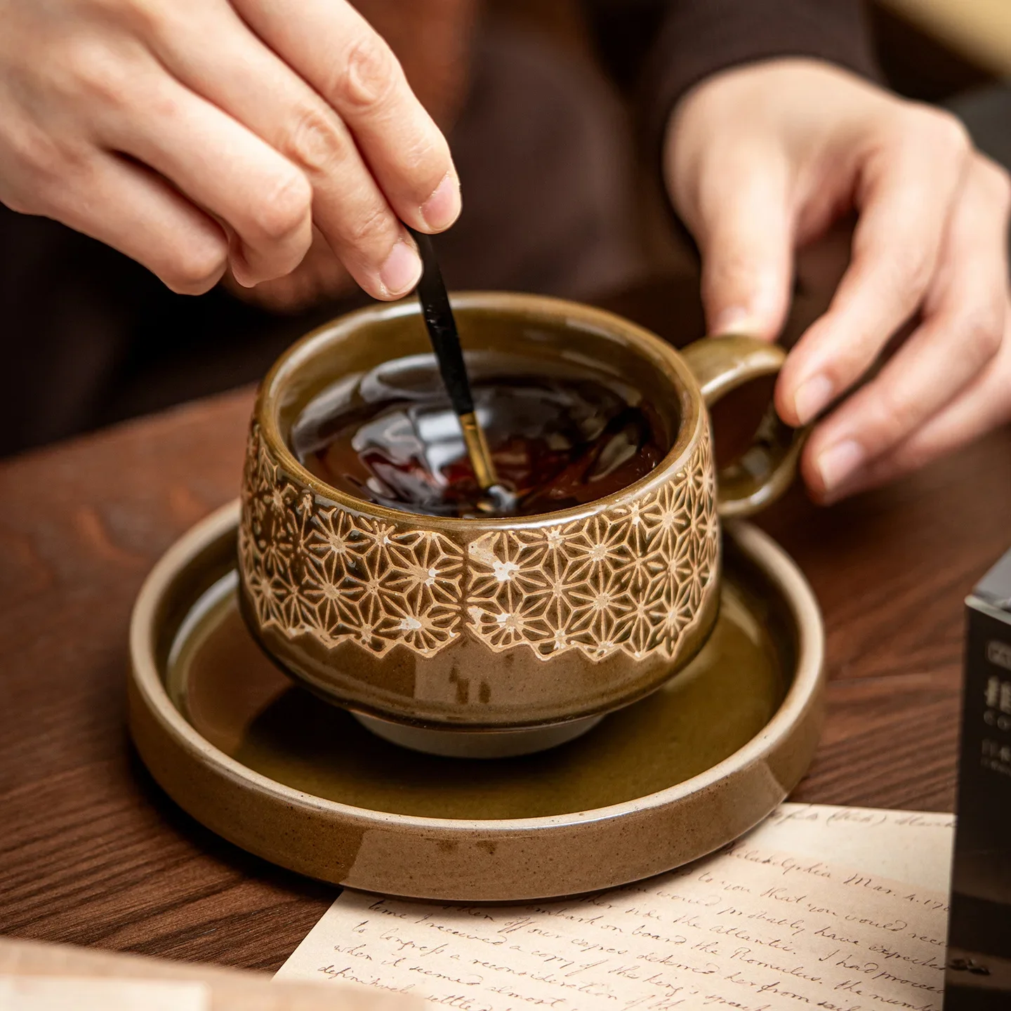 CLLminimalist240ML retro ceramic mug set tea restaurant coffee cup exquisite printing texture coffee cup saucer