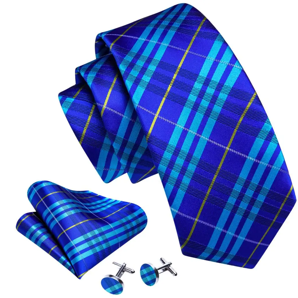 Barry.Wang Luxury Plaid Silk Men Tie Hanky Cufflinks Set Checked Necktie for Male Formal Casual Wedding Business Party Events