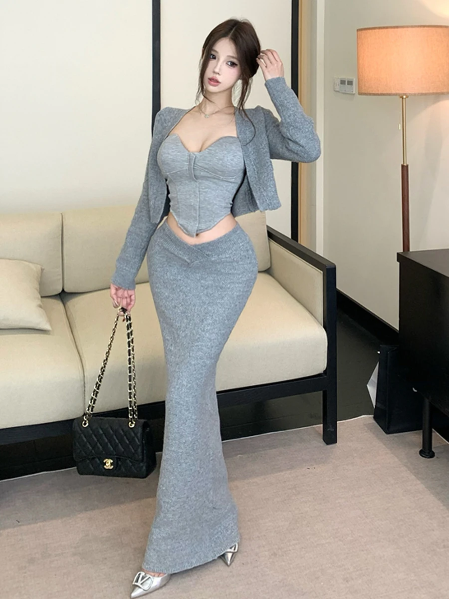 Elegant Knitted Slim Fit Outerwear Top Bottom Set Women's Fashion High Waist Long Skirt Three Piece Suite Breathable Autumn Wear