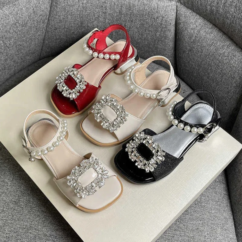 Girl's Sandals Crystal Beading Elegant Patent Leather Children Sliders Open Toe Low Heel Solid Color 26-36 Kids Summer Shoes
