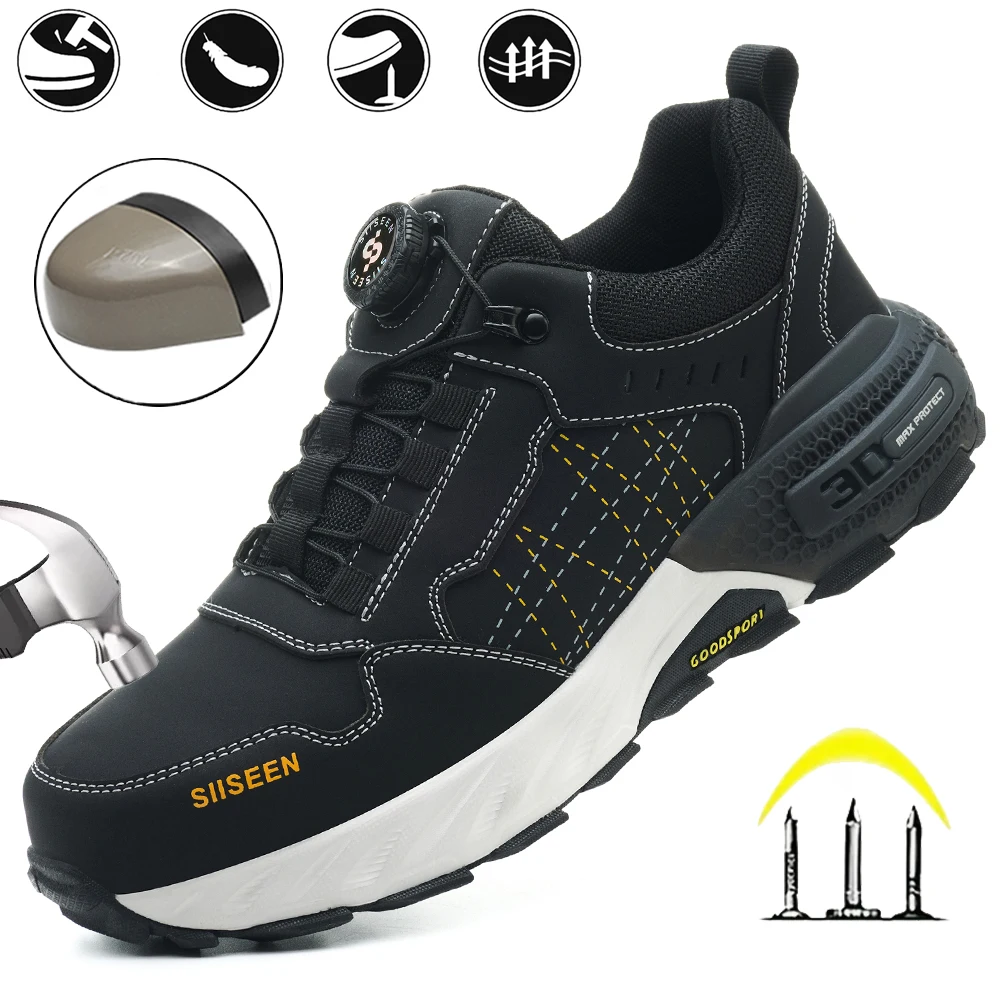 أحذية أمان رجالية بمقدمة فولاذية مضادة للسحق من كيفلر، أحذية عمل خارجية أنيقة، أحذية صناعية على شكل زر