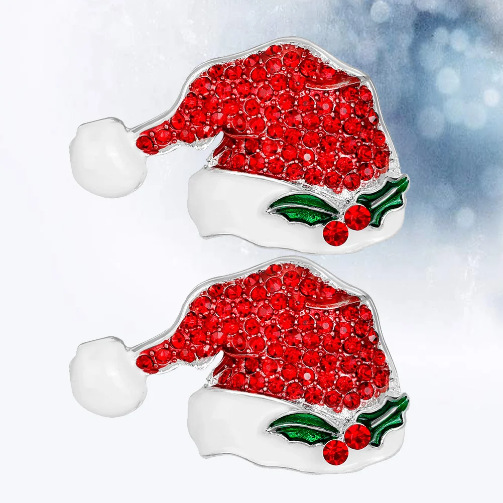 2Pcs Santa Hat Brooch Crystal Encrusted Decorative Pins Christmas Party Costume Accessories Cartoon Design Elegant Christmas Hat