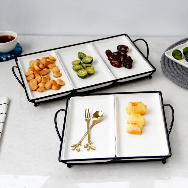 

Divided Fruit Tray Cake Candy Bread Pan Simple Modern 2 to 3 Grid Dim Sum Plate Iron Ceramic Combination With Handle