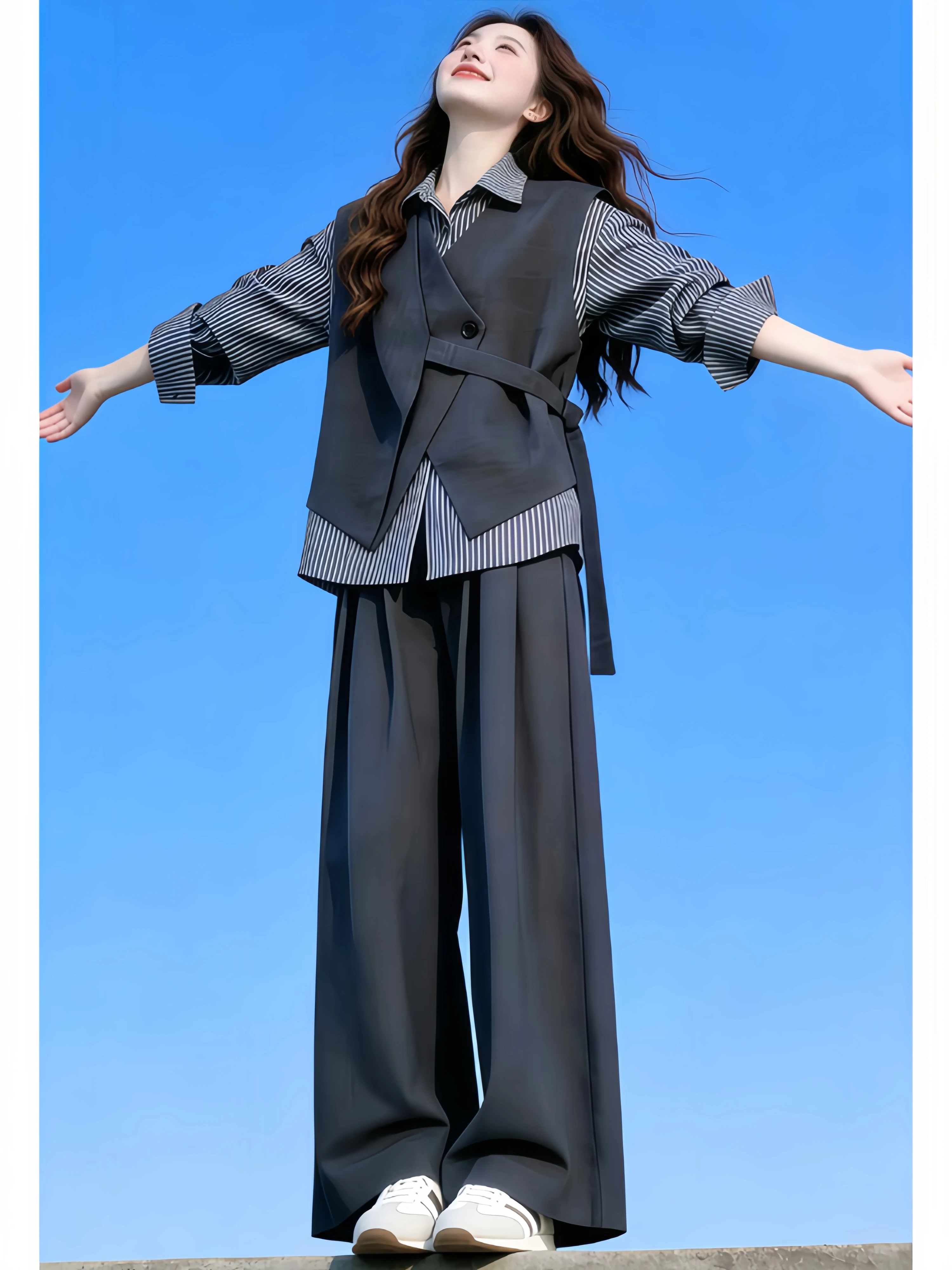

Casual Striped Shirt Vest High Waist Wide Leg Pants Set Women's Loose Feel Three Piece Set Spring Autumn New Style Casual Fas...