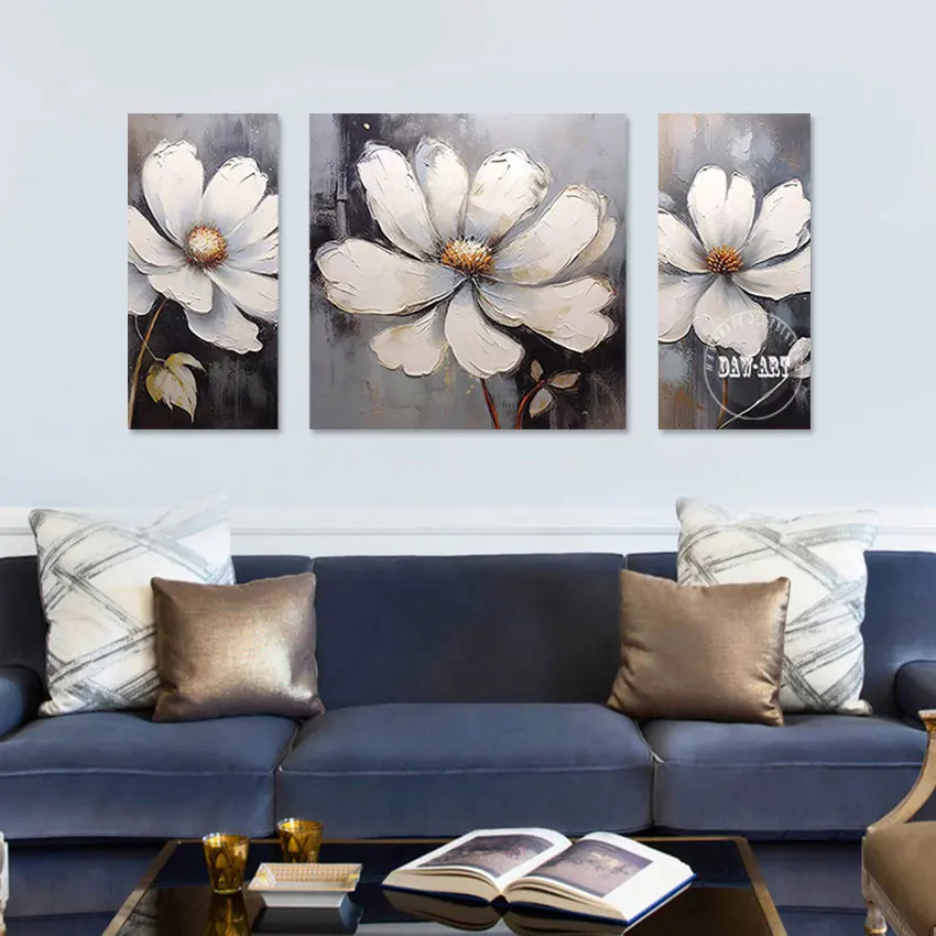 

3PCS Abstract White Acrylic Flowers Wall Unframed Art High Quality Plant Decorative Painting Linen Canvas Dropshipping Picture