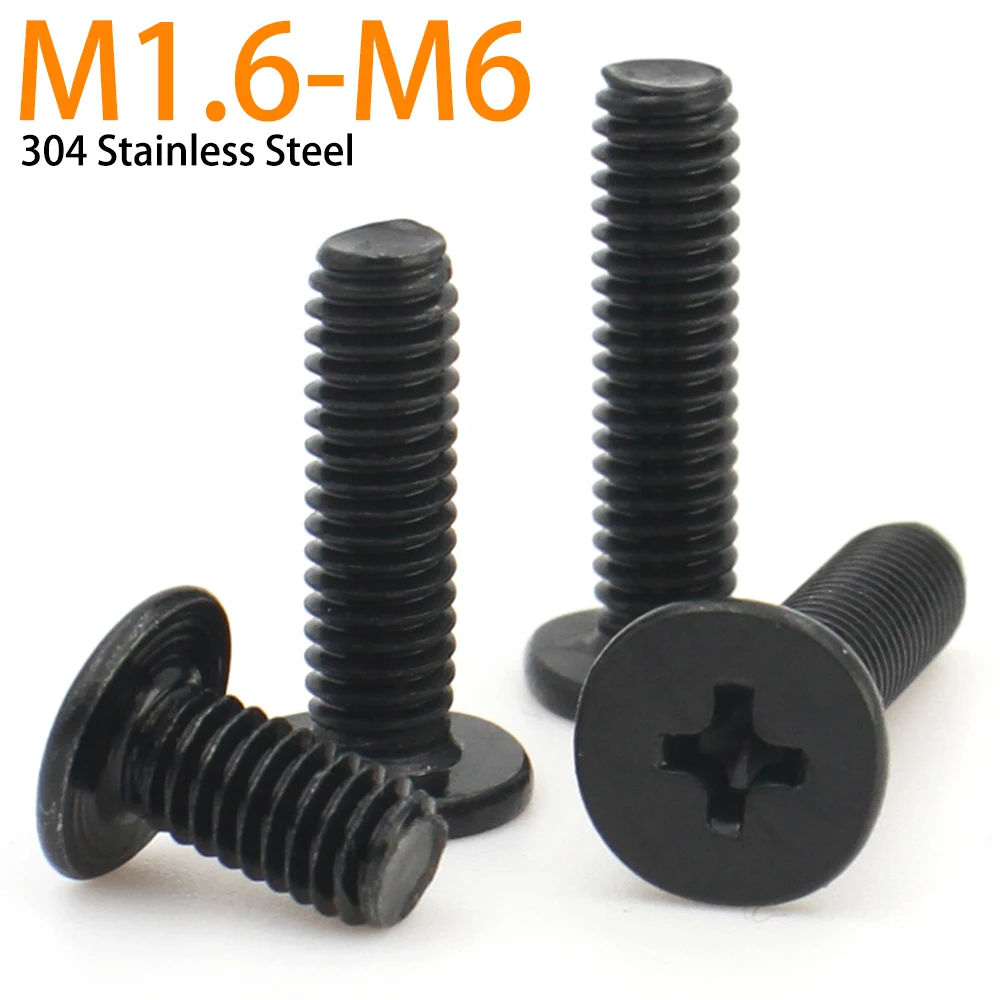 10/20/50/100pcs M1.6 M2 M2.5 M3 M4 M5 M6 Black 304 Stainless Steel Cross Phillips Ultra Thin Flat Head Screw Bolt for Laptop