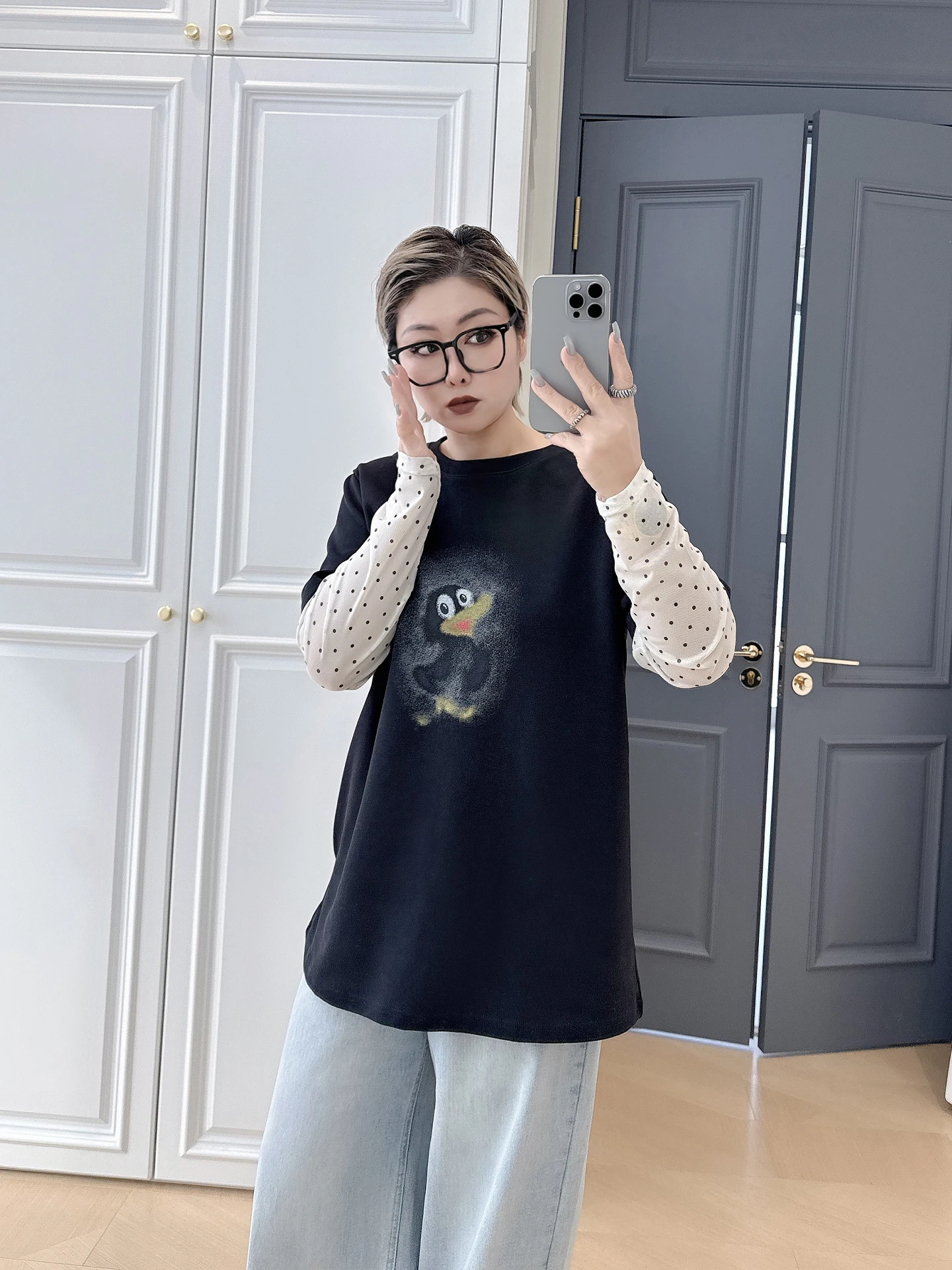 

plus Size Women's T-irt Casual Sle Long Sve Polka Dot Patchwork Netting Fun Top Trendy for Heavy MM Faionable Hide Meat