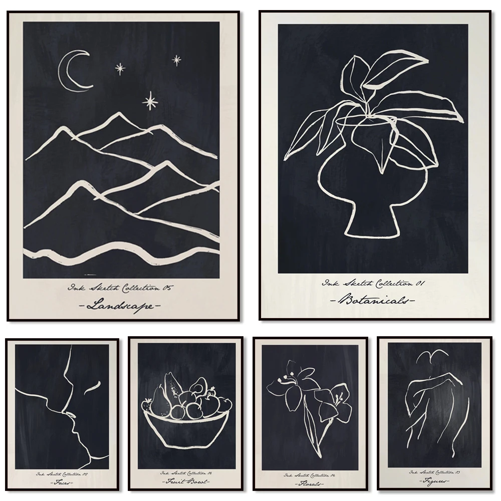 Wandbild der Black Sketch-Serie, Blumenskizzenkunst, Charaktere, Gesichter, Fruchtskizzenkunst, Landschaftskizzenkunst, Retro-Art-Deco-Poster