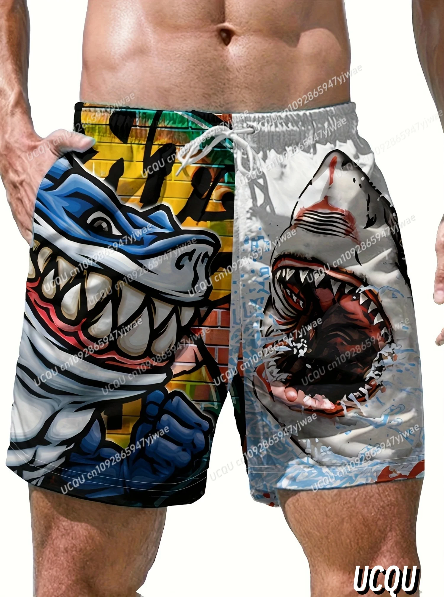 2025 Summer Men's Board Shorts Big Shark Print Swim Trunks Drawstring Elastic Quick Dry Hawaiian Beach Shorts men clothing