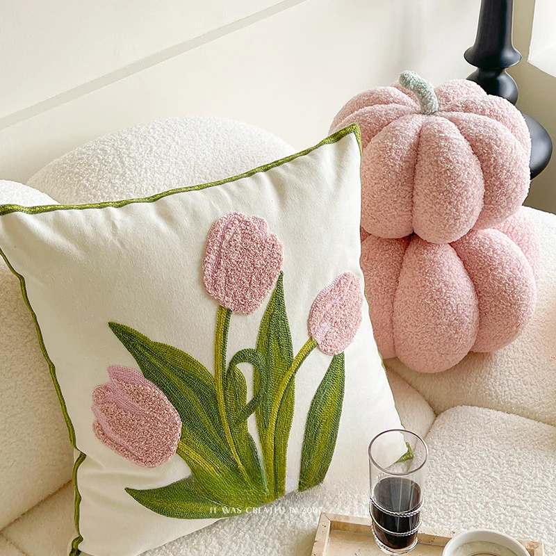 Ins Wind Tulip Pillow Living Room Sofa Pillow Bedhead Waist Pillow Pink Cute Pumpkin Home Cushion Atmosphere Decoration