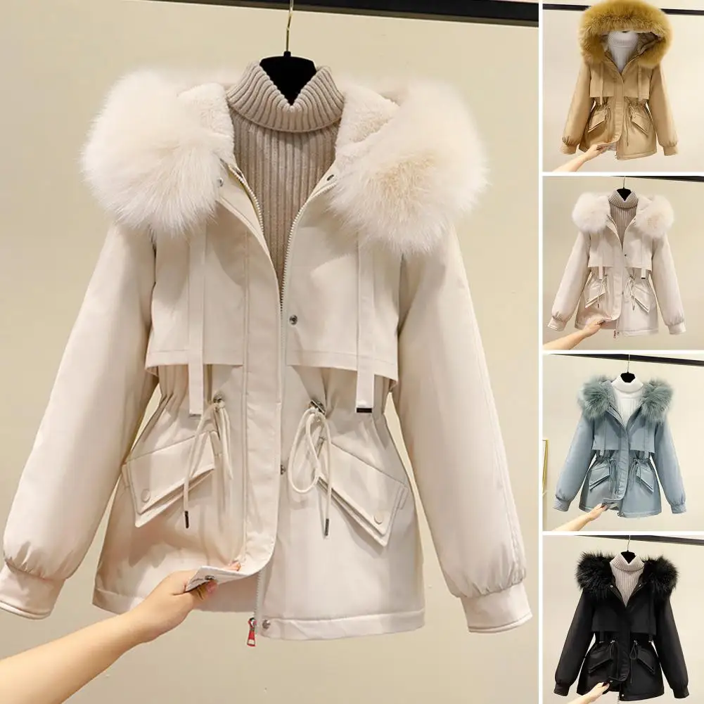 Trendy Women Coat  Pockets Skin-touch Winter Jacket  Velvet Lined Faux Fur Collar Hooded Women Mid-Length Coat