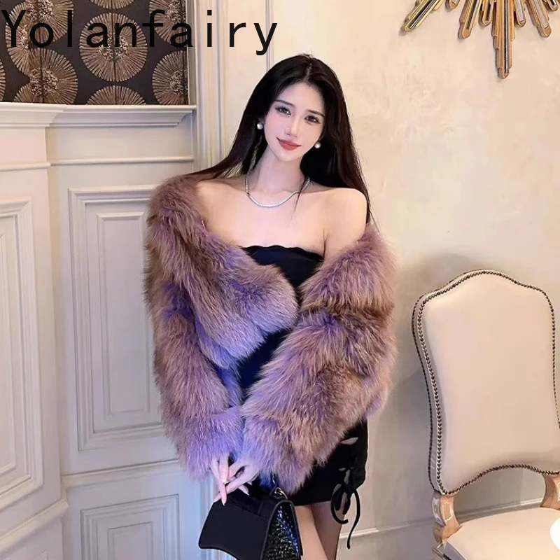 YOLANFAIRY الخريف والشتاء المستوردة كله الثعلب الفراء الإناث رشاقته الدفء الفراء طوق قصيرة طول معطف الفرو شوهبات اغنائية 2025