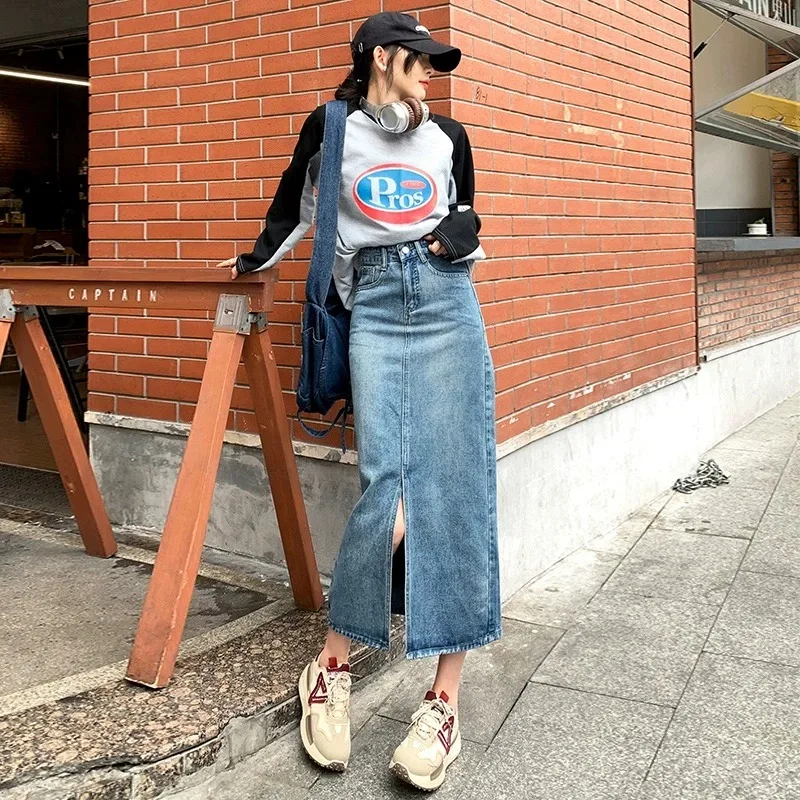High Waist A-Line  Skirt Women's Denim Split Skirts Spring Fashion Korean Style Straight Cut Pure Color Commute Skirts