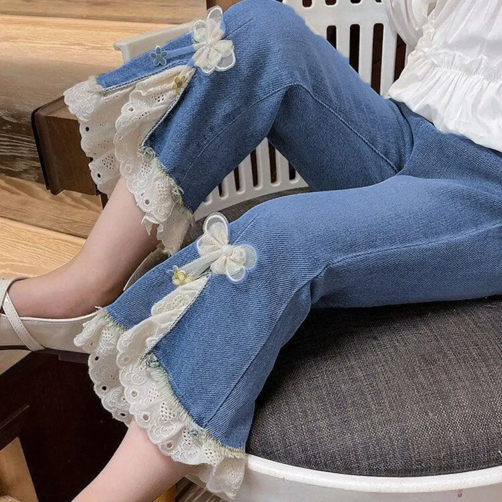 Jean en Denim avec nœud en dentelle Y2k, ample et irrégulier, pantalon à cloche pour adolescentes, vêtements à jambes larges, pantalon de Cowboy fendu pour filles, fête