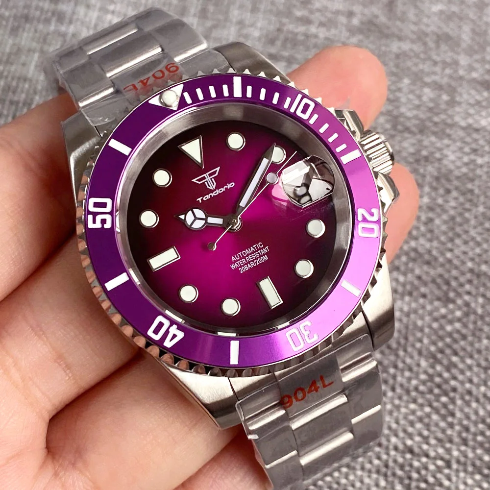 Tandorio SUB 40mm Luxury Top Purple dial 200M Waterproof Diving Men Watch Selfwing NH35 316L Steel Diver Wristwatch Jewelry