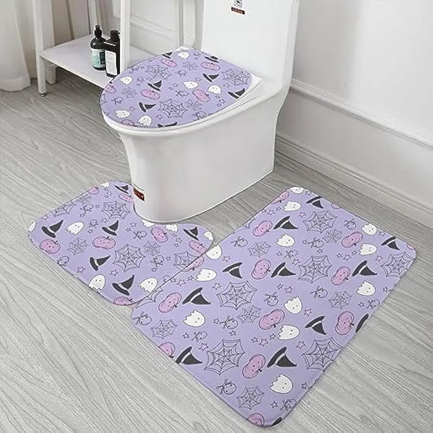 Pink Purple Ghost Bath Mat Set 3 Piece Boo Halloween Soft Bathroom Rugs Bath Mat Contour Rug and Toilet Lid Cover Sets