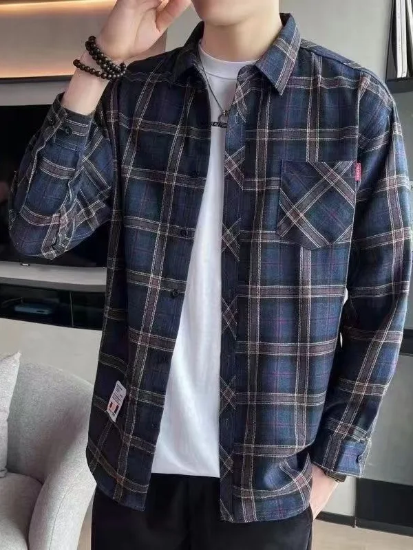 Pure Cotton Plaid irt Men's Spring Autumn Long Sve Loose Thin Outerwear Korean Sle Casual Faion Stand Fit
