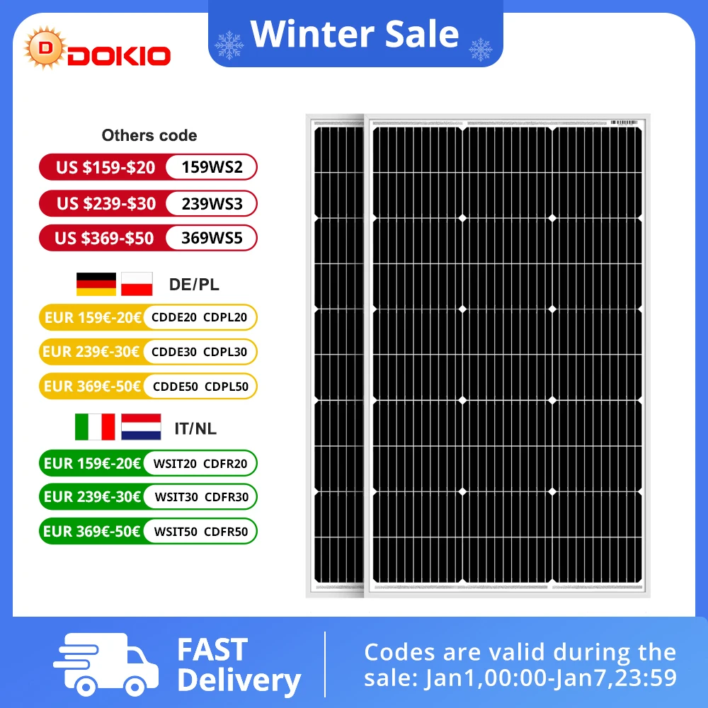 DOKIO 18V 100W 200W Rigid Solar Panel China Monocrystalline Waterproof Solar Panel Charging 12V #DSP-100MX2 Camping/Home/RV