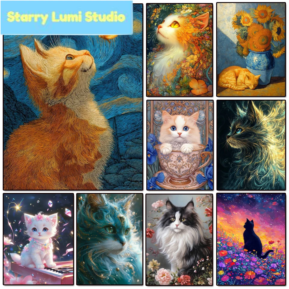 DIY Full Diamond Painting Cat under the stars Mosaic Adult Dot diamond cross stitch set living room bedroom decorative painting
