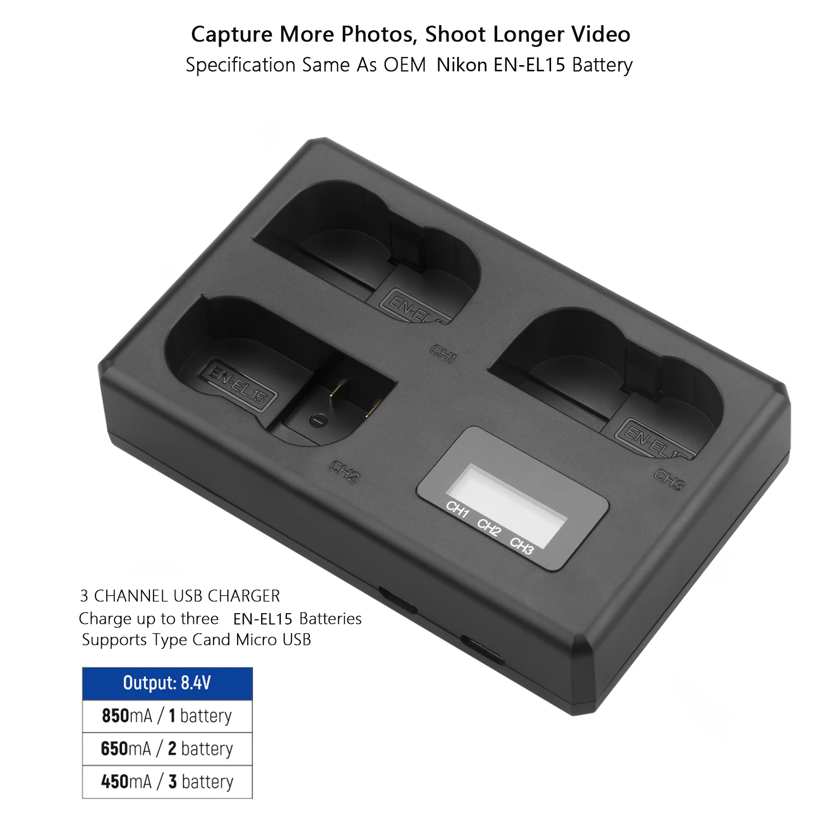 3 Slot LCD Charger EN-EL15C EL15 Battery Charger for Nikon Z8 Z7II Z6II Z7 Z6 Z5 Zf D7500 D7200 D7000 D860 D850 D810 D600