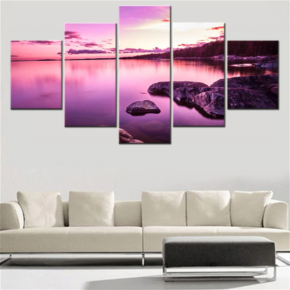 

5 Pieces Canvas Wall Arts Poster Paitning Nature Purple Sunset Lake Wallpaper Landscape Home Decor Picture Printing Artwork