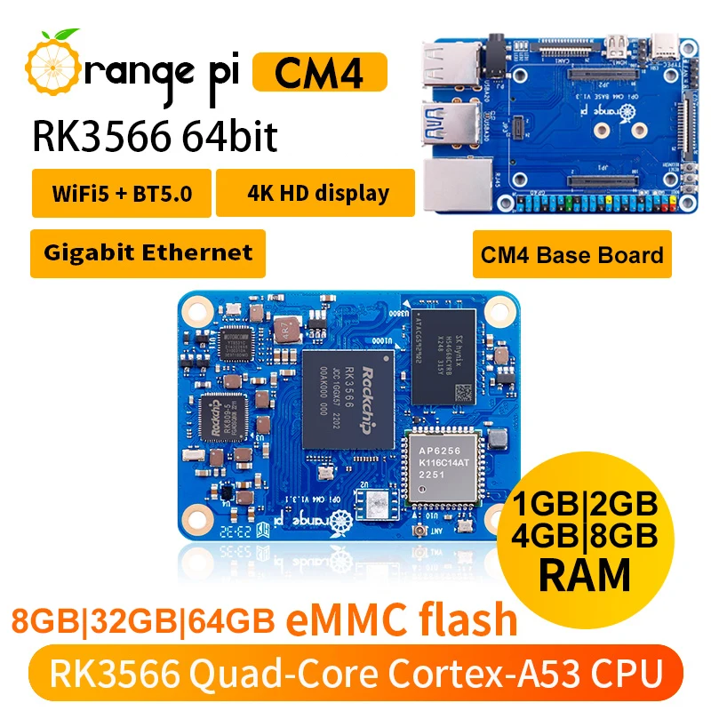 

Orange Pi CM4 4GB 8GB RK3566 WIFI5-BT5 Orangepi CM4 1GB 2GB RAM 8GB 32GB 64GB Emmc Optional for Orange Pi Compute Module 4