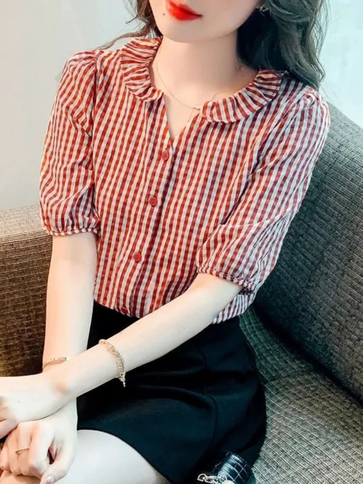 women's-summer-plaid-irt-chiffon-ort-sve-waist-cinching-loose-versatile-bellovi-top-matching