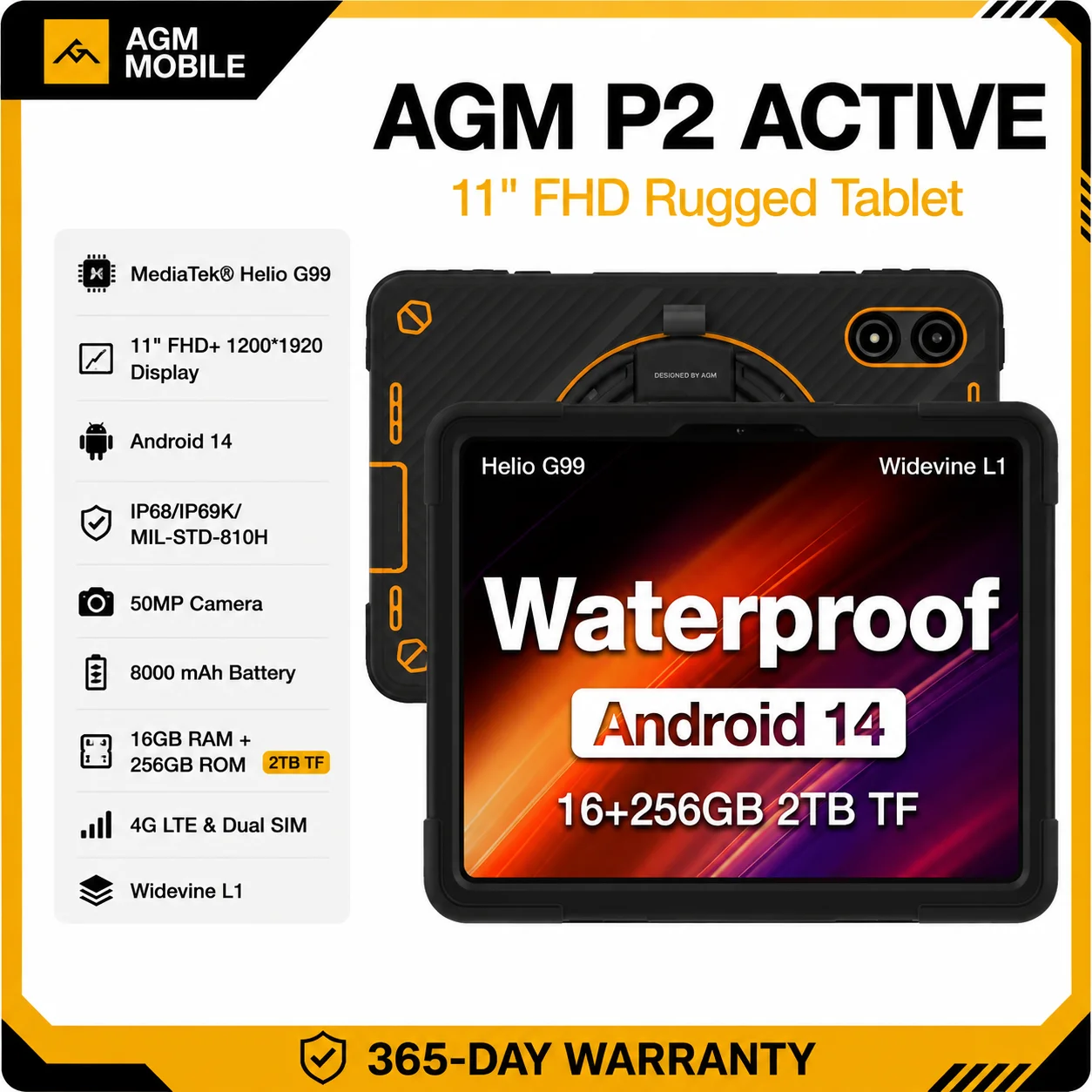 Tableta Robusta Agm P2 Active Fhd De 11″, Ip68 Resistente Al Agua/A Prueba De Polvo, 8 Gb De Ram + 256 Gb, Android 14, G99, Almohadilla Duradera Widevine L1 P2W — -50%, 311.69€ Coupon, from 311.69€ – 50% descuento – €311.69