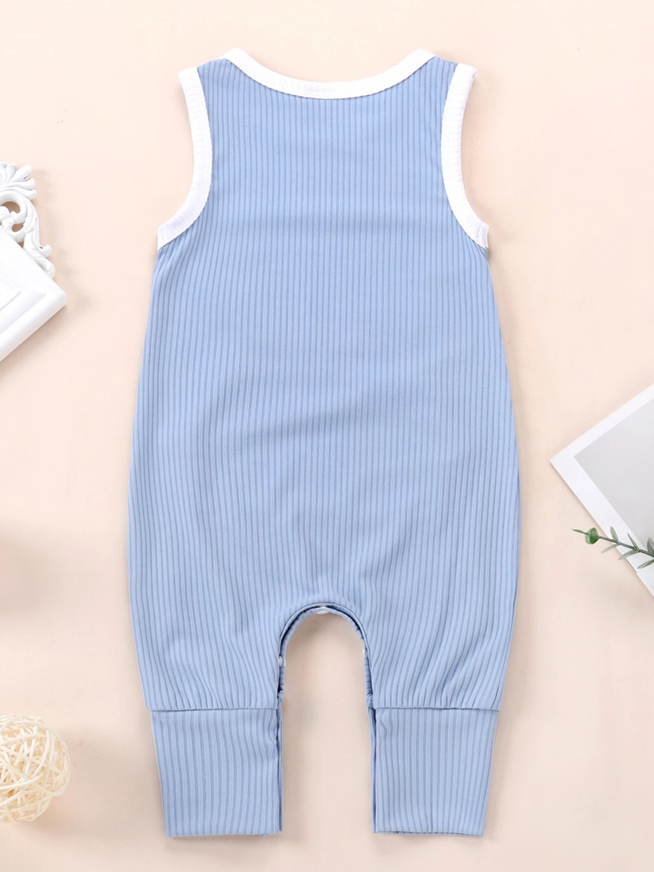 Summer Baby Romper Sleeveless Light Blue Vertical Stripe Color Block Baby Bodysuit Crawling Suit for Infants