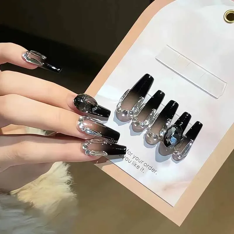 10 قطعة نمط رائع حلو الراقية الأسود التدرج اليدوية الصحافة على الأظافر كاميليا رصع الماس نمط طويل موضة مسمار التصحيح